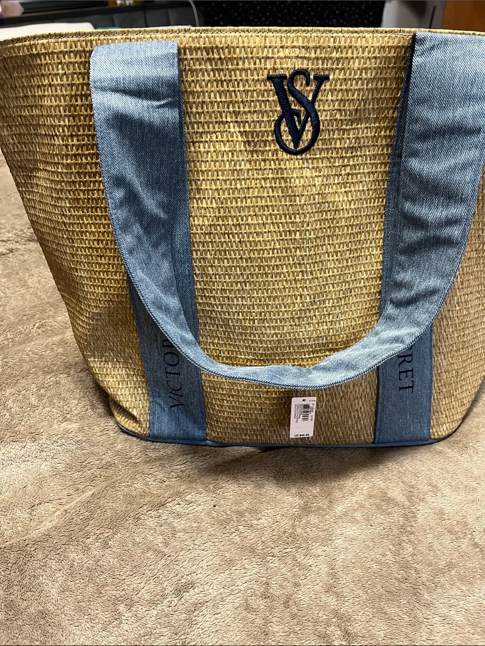 Victoria's Secret Straw Tote with Light Blue Denim Trim